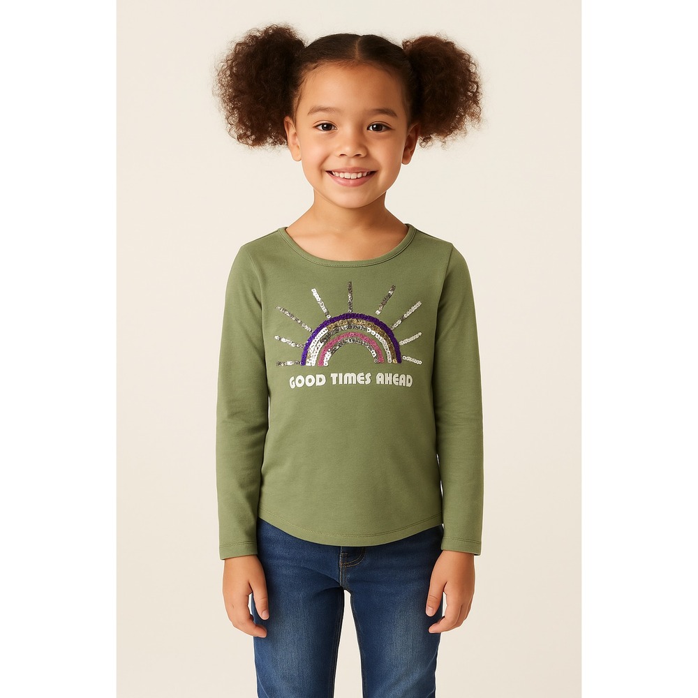 Liberty & Valor Girls' Sequin Rainbow Long Sleeve Tee Green Size‎ 5/6
